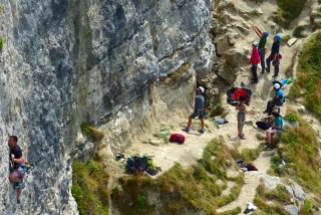Rockclimbers along the Portland SW Coast Path. Just spectators for this!